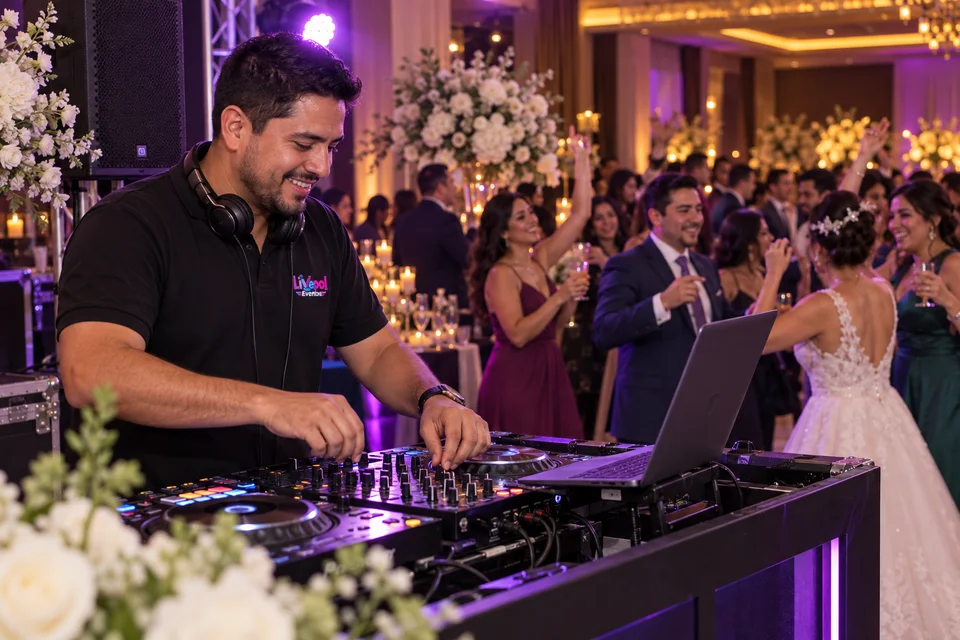 Escena ilustrativa de un DJ y su controlador en una recepción de boda en Lima