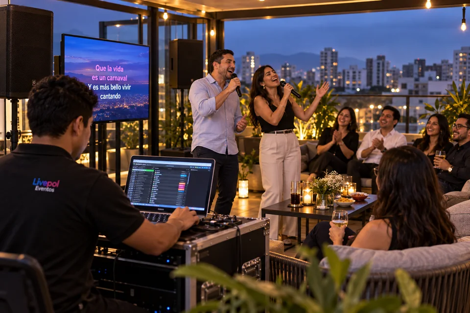 Escena ilustrativa de karaoke para adultos en una terraza de Lima