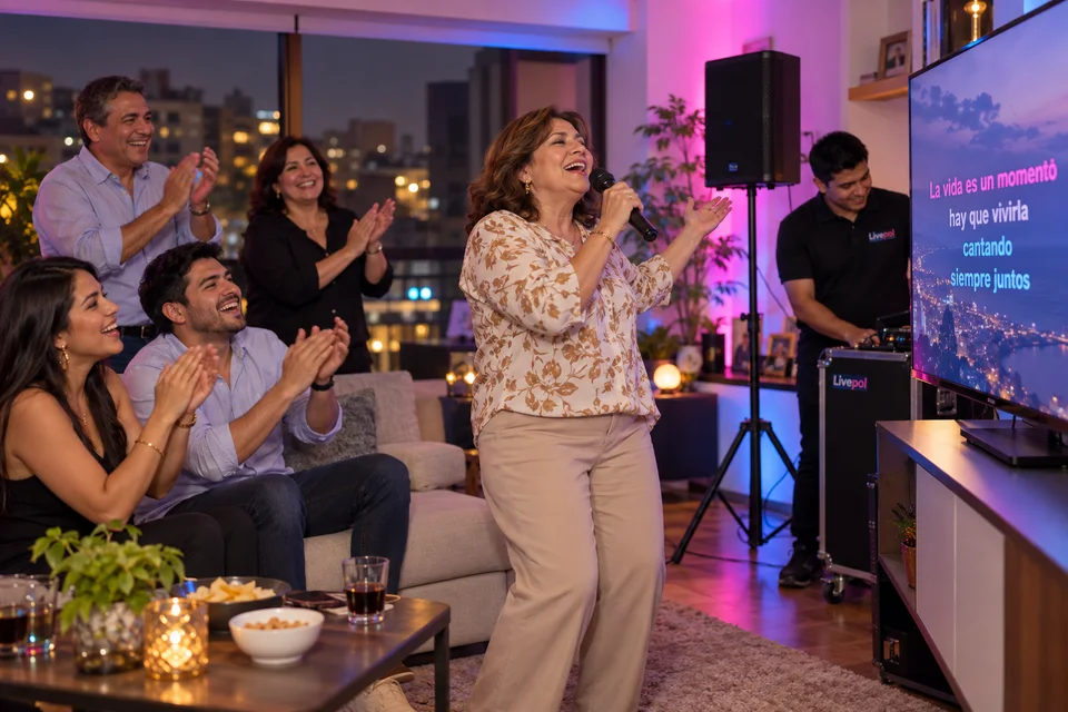 Escena ilustrativa de una reunión familiar con karaoke y micrófono en Lima