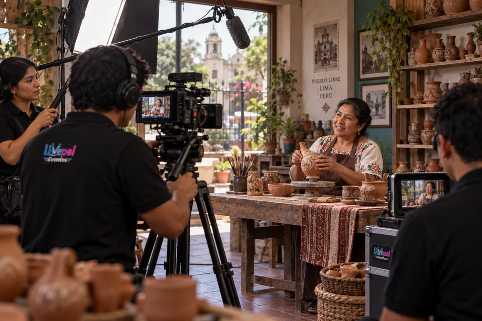 Escena ilustrativa de un equipo audiovisual filmando una entrevista en un taller de Lima