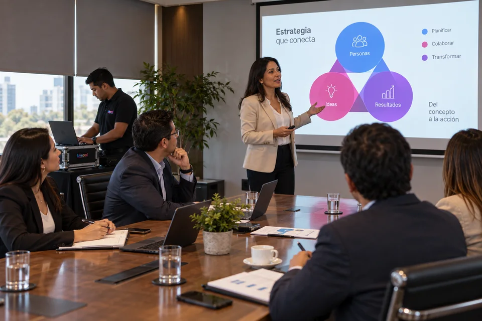 Escena ilustrativa de un taller empresarial con pantalla de proyección