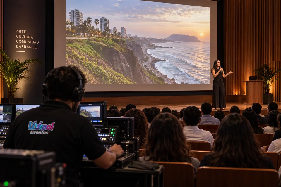 Escena ilustrativa de una presentación cultural con proyección en un auditorio limeño