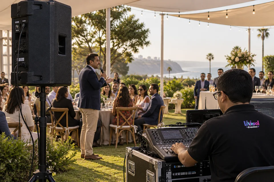 Escena ilustrativa de un sistema de sonido instalado para una reunión al aire libre