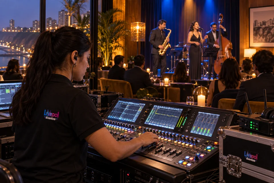 Escena ilustrativa de mezcla de sonido para una presentación musical en Lima