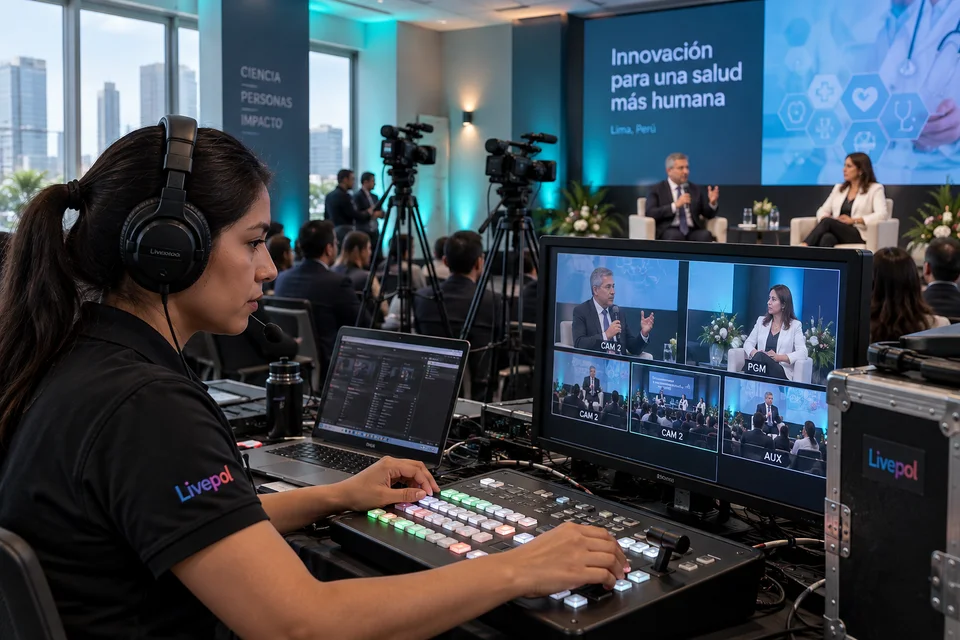 Escena ilustrativa de una operadora de streaming y control multicámara en una conferencia en Lima